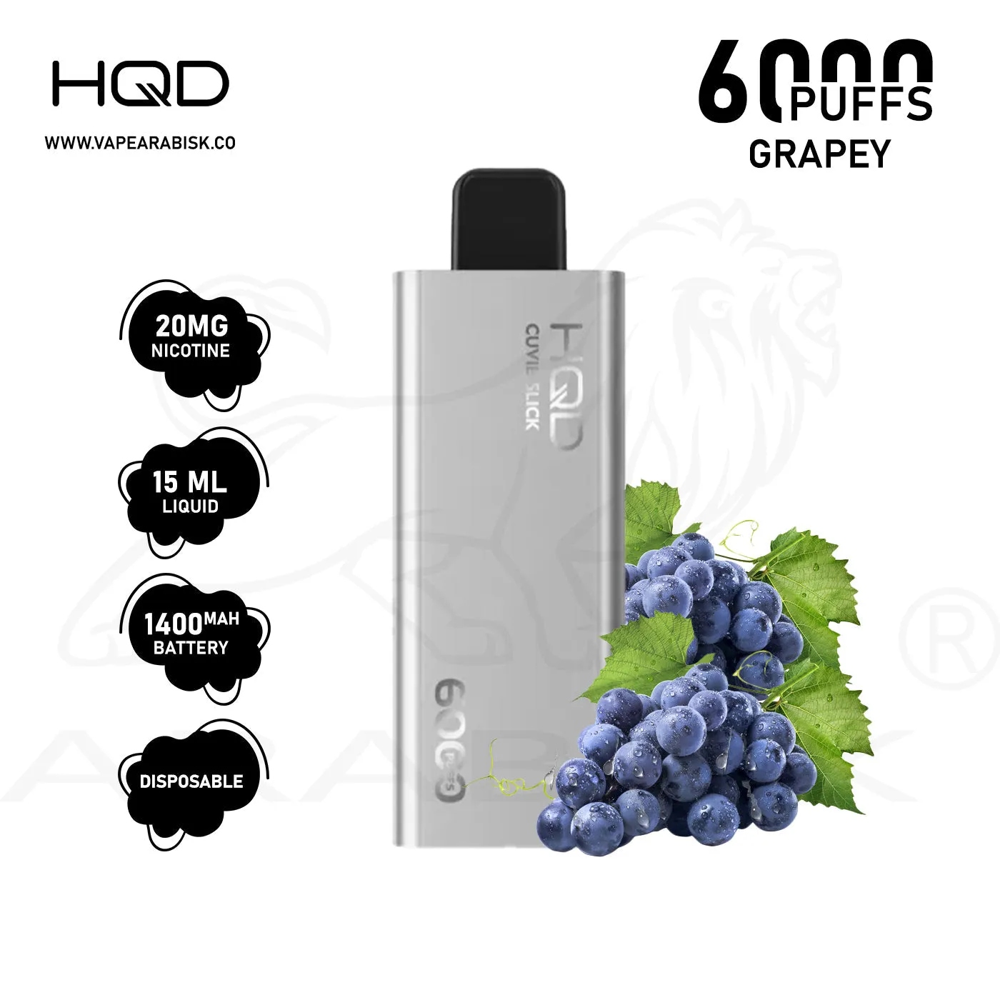 The sleek, black HQD Cuvie Slick 6000 puffs vape device.